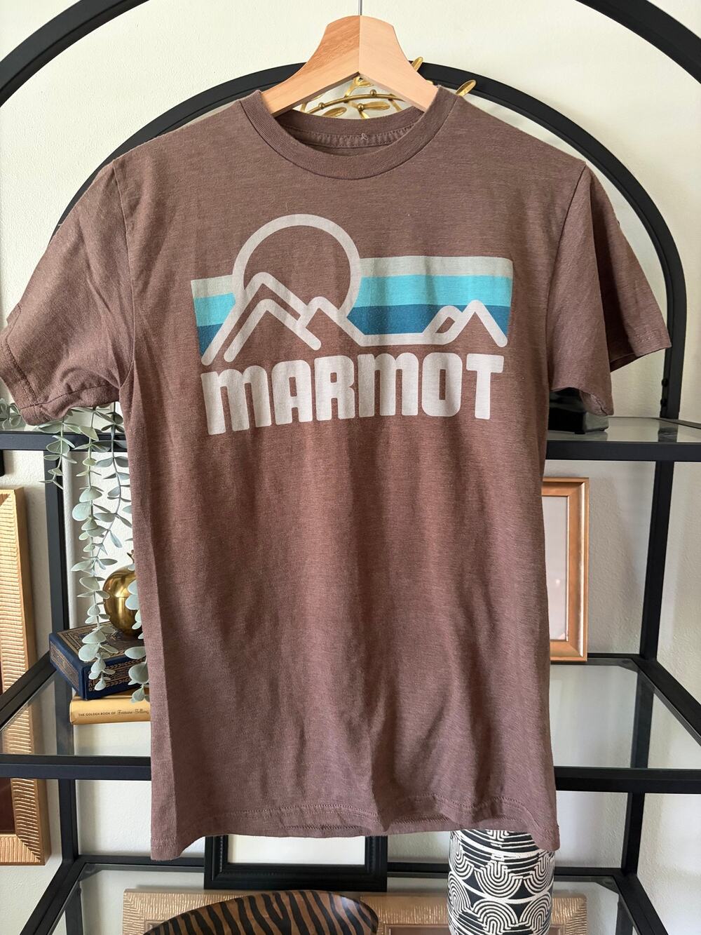 Marmot Logo Graphic T Shirt Mens Small Brown Mountain Outdoor Hiking Cotton Tee